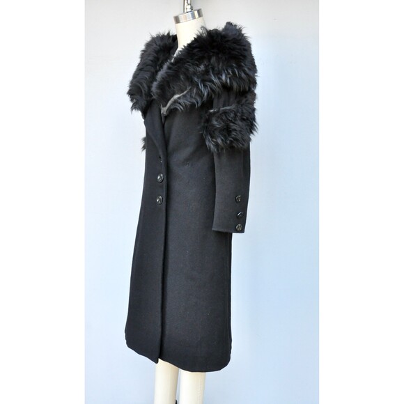Vintage Wool Coat w/ Huge Fox Fur Collar & Fur on Sleeves Goth Steampunk 80s XS - Picture 3 of 10